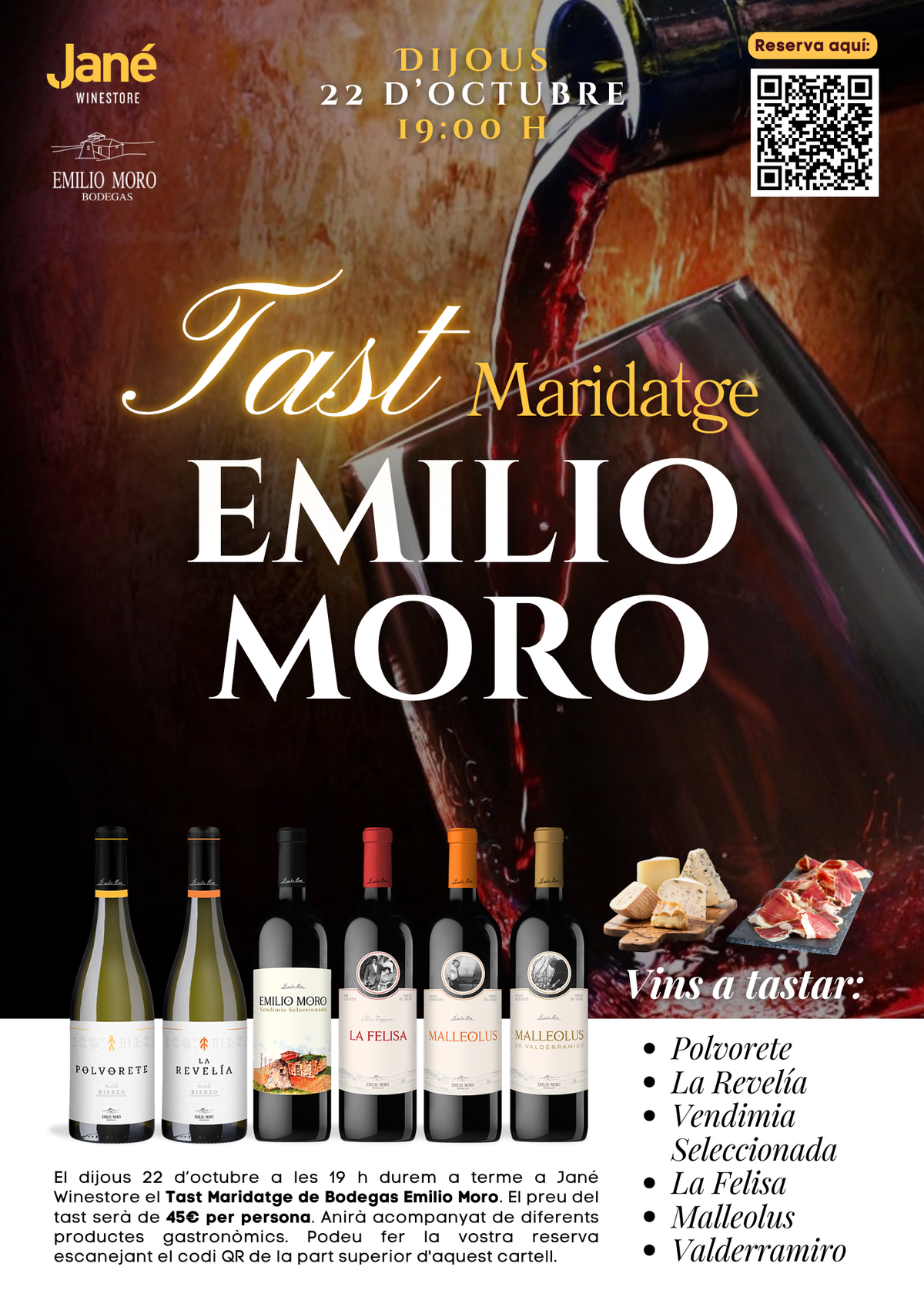 Tast Maridatge de Bodegas Emilio Moro 🍷 Dijous 22 d'octubre a les 19 h a Jané Winestore