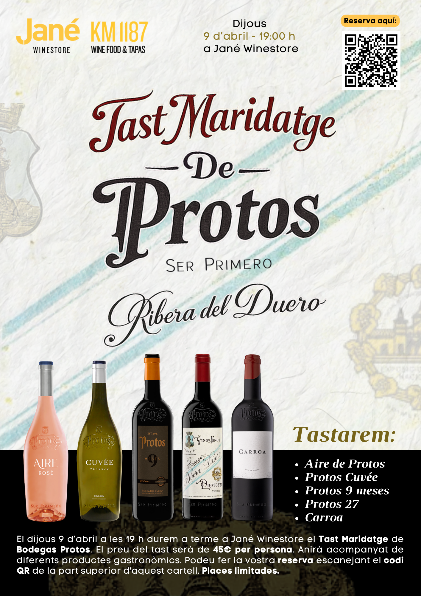 Tast Maridatge de Bodegas Protos - Ribera del Duero 🍷 Dijous 9 d'abril a les 19 h a Jané Winestore